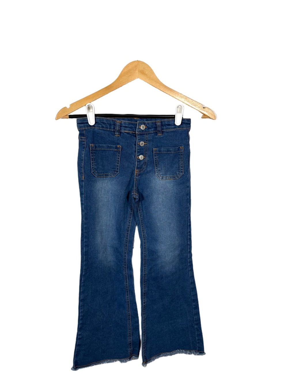 Jessica Simpson Girls M 8 Flare Jeans Button Fly Patch Pockets Raw Hem